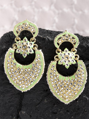Karatcart Gold Plated Lime Green Meena Drop Shape Kundan Drop Earrings for Women Alloy Drops & Danglers