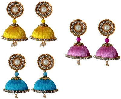 Tia Crafts Handmade Silk Thread Yellow, Baby Pink and Sky Blue Jhumki Earrings combo Fabric Drops & Danglers