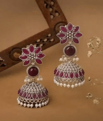 Devik Traders Floral Oxidized Silver-Toned Maroon Stone Jhumka Earrings with Pearls Beads Alloy Earring Set