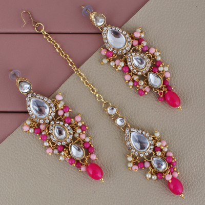 Lucky Jewellery Traditional Gold Plated kundan Stone Pink Magenta color Tika Earring set Beads Alloy Drops & Danglers