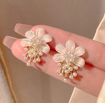 AKISON JEWELS Pearls White Flower Earrings For Women Floral Earrings Korean Earrings Crystal, Diamond, Cubic Zirconia, Pearl Alloy Earring Set, Stud Earring
