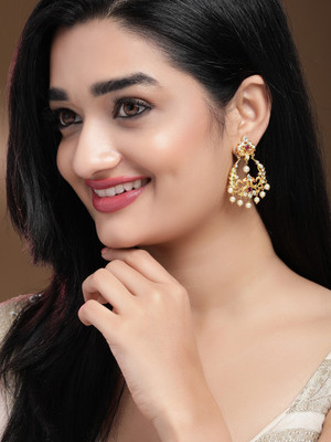RUBANS Rubans 24K Gold Plated Handcrafted Ruby Stone with White Pearls Drop Earrings Alloy Drops & Danglers