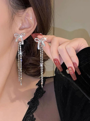 Mellisea Trendy Korean Two-wear Bowknot Long Tassel Sweet Earring Women & Girls 2 Pcs/Set Cubic Zirconia, Diamond Alloy Drops & Danglers, Hoop Earring, Huggie Earring, Rhinestone Studs, Earring Set Mellisea Trendy Korean Two-wear Bowknot Long Tassel Sweet Earring Women & Girls 2 Pcs/Set Cubic Zirconia, Diamond Alloy Drops & Danglers, Hoop Earring, Huggie Earring, Rhinestone Studs, Earring Set