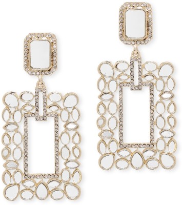 fabula Gold Tone Mirror Kundan Rectangle Wedding Reception Ethnic Large Drop Beads, Crystal Alloy Drops & Danglers
