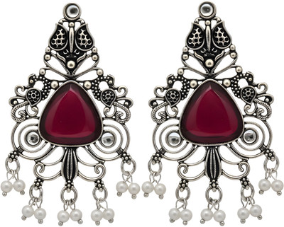 Maadhurita Jewels Hub Silver Oxidised Stones & Beads Traditional Dangle Earring For Women Pearl German Silver Drops & Danglers