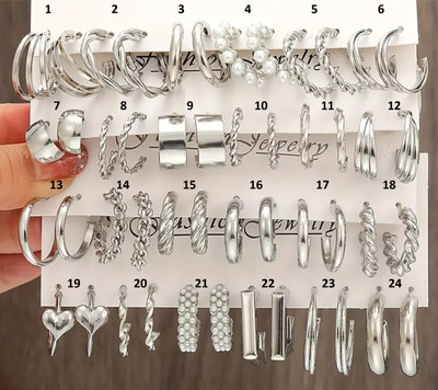 JDENTERPRISES Combo Of 24 Pairs Silver Plated Hoop And Pearl Earrings For Women And Girls Alloy Stud Earring