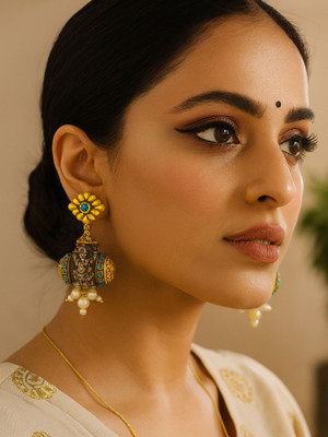Digital Dress Room Drop Afghani Jhumka Earrings Mata Laxmi With Pearl Design Brass Drops & Danglers