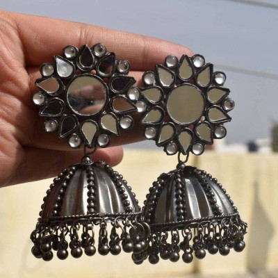 HELLAFASHION Black oxidised jhumka Mirror earrings Alloy Jhumki Earring Beads German Silver Jhumki Earring