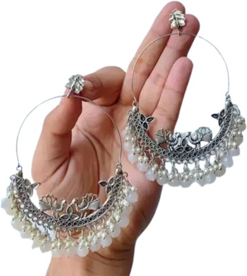 NAVMAV Traditional Silver Oxidised Peacock Design Chandbali Hoop Earrings for Women Beads Alloy, German Silver Chandbali Earring, Clip-on Earring, Drops & Danglers, Earring Set