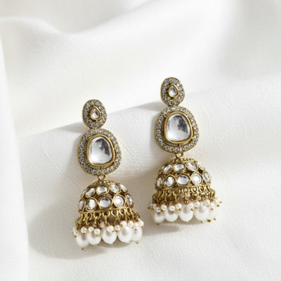 WEZORA JEWELS Premium Gold-Platted CZ Diamond Pearl Jhumkas Earrings for Girls and Women | Cubic Zirconia, Diamond, Pearl Alloy Jhumki Earring