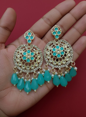 desi drapes DesiDrapes Silver Plated Aqua Drop Kundan Chandbali Earrings for Women & Girls Beads, Cubic Zirconia Alloy Chandbali Earring, Jhumki Earring