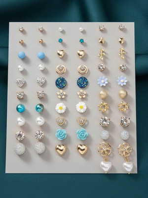 Dressberry Trendy Set of 30 Pair Crystal, Pearl & Flower Stud Earrings for Women & Girls Alloy Stud Earring