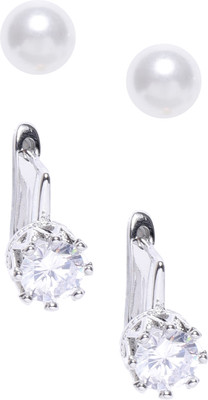 Oomph Combo of 2 White Pearl & Silver Round Cubic Zirconia Ear Stud & Drop Cubic Zirconia, Crystal, Zircon Alloy Stud Earring
