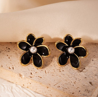 AKISON JEWELS Black Flower Stud Earrings For Women Girls Korean earring korean jewelry Floral Pearl Alloy Earring Set, Stud Earring