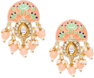 Oomph Peach & Mint Green Meenakari Ethnic Drop Earrings - Kundan & Beads Studded Beads, Crystal Alloy Drops & Danglers