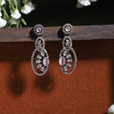 ZENEME Gunmetal Toned Pink American Diamond studded Oval & Quirky Shaped Drop Earrings Cubic Zirconia Brass Drops & Danglers