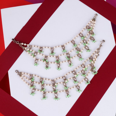 Saloni Fashion Jewellery 3 String Kundan Stone Gold Plated Set Of 2 Ear-Chain (Kaanchain) For Women Alloy Ear Thread