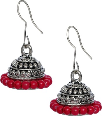 YOTOG Hanging Small Red Jhumki Silver Oxidised Pearl Earrings for Women Pearl, Beads Alloy Jhumki Earring