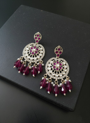 desi drapes Traditional Silver Plated Kundan & Ruby Beads Chandbali Earrings for Women &Girl Beads, Crystal Alloy Chandbali Earring, Jhumki Earring