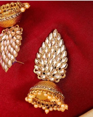 KRISHMAYATOZ Leaf Design Gold Plated Kundan Stud Jhumka Earrings For Women And Girls Diamond, Pearl Brass, Stone, Copper Jhumki Earring