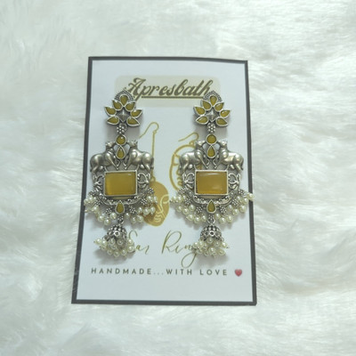 Apresbath Apresbath Yellow Elephant Earrings with Pearls Oxidized Silver Temple Design Brass Drops & Danglers