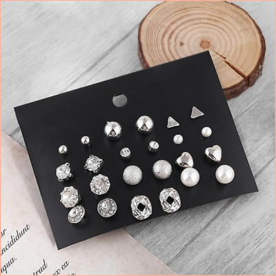 TVI Combo of 12 Pair Silver Heart Triangle Round Pearl Stud Earrings For Women/Girls Cubic Zirconia Alloy Stud Earring