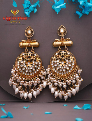 Vigilantee Jewels Temple Style Trending Kundan Gold plated Chandbali Wedding Pearl Beads Earrings Beads, Moonstone, White Zircon, Pearl, Quartz, Ruby Brass Chandbali Earring, Drops & Danglers, Earring Set, Rhinestone Studs, Stud Earring