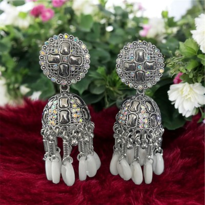 Vigilantee Jewels Antique Oxidised Silver Plated Jhumka Earrings Crystal and Shell Accents Diamond, Beads Alloy Drops & Danglers, Jhumki Earring, Stud Earring, Tassel Earring, Earring Set