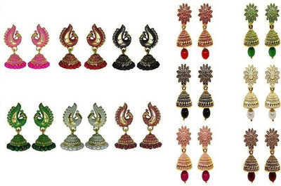 JMBW INTERNATIONAL PEACOCK AND FLORAL TREND JHUMKI EARRINGS COMBO OF 12(PAIRS) Pearl Alloy Jhumki Earring