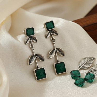 S D Creations Vintage Oxidised Silver Drop Earrings with Green Square Crystals, Leaf Design Brass Drops & Danglers