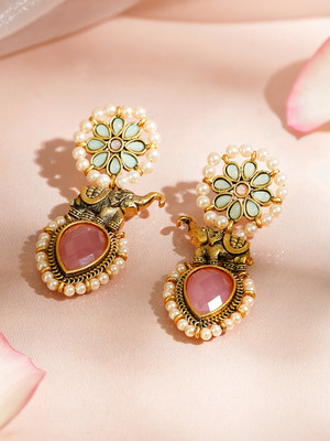 RUBANS 18K Gold-Plated Pastel Pink & Green Stones Elephant Pearl Drop Earrings Brass Drops & Danglers