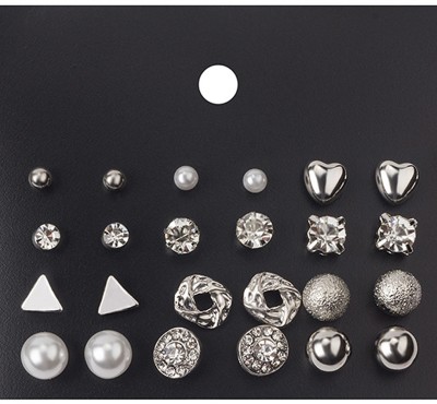 Vembley Combo of 12 Pair Silver Studded Pearl Stud Earrings For Women and Girls Alloy Stud Earring