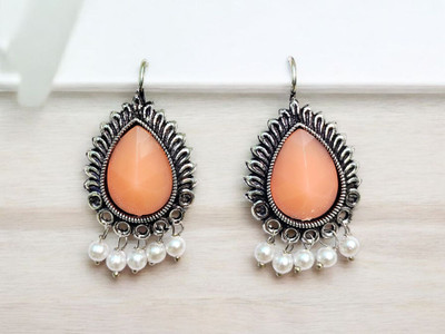 ARearring Trendy Silver-Plated Orange Drop Earrings with Pearl Beads for Women & Girls Beads, Pearl Alloy Drops & Danglers