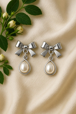 Unique Creations Silver Bow Stylish Pearl Earrings Pearl Alloy Drops & Danglers