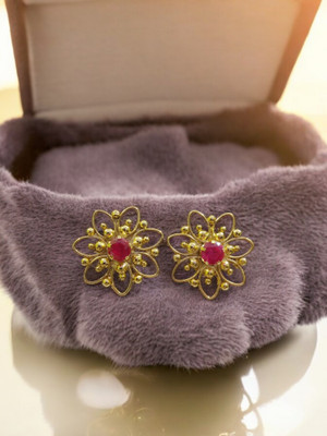 Rekha Jewellery Luminous Lotus Design Earrings Red Ruby Copper Stud Earring