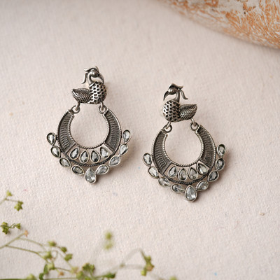 Sanseeta ManikMor- Silver Brass Oxidised dangler earrings(white) Zircon Brass Chandbali Earring