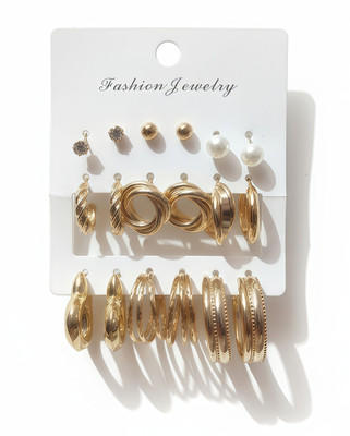 GHARANA BY ALISHYAANA Combo 9 Pair Stunning Gold Plated Heart Twisted Hoop Classic Hoops Studs & Pearl Alloy, Steel Hoop Earring
