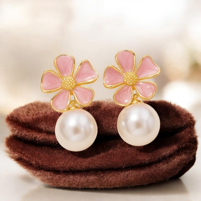Inites Korean Pink Flower/Floral with White Pearl Earrings Stud For Girls And Womens Pearl Stainless Steel, Brass Earring Set, Stud Earring, Plug Earring, Cuff Earring, Drops & Danglers
