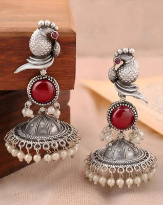 Ratnalok Peacock Charm Oxidised Silver Jhumka Earrings with Pearl Drops in Red Alexandrite Alloy Jhumki Earring