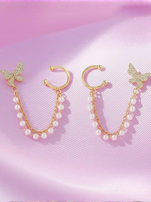 Dressberry Korean Stunning Studded Golden Ear Cuff Earrings 2 Pcs/Set Pearl Alloy Cuff Earring