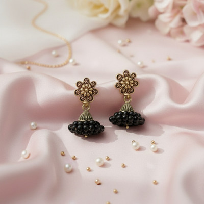 SHINEPRO Flower Top Black Jhumka Alloy Drops & Danglers Alloy Drops & Danglers, Jhumki Earring
