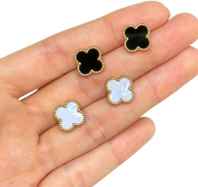 Scrunchu Trendy Black & White Four-Leaf Clover Stud Earrings Combo – Set of 2 Pairs Stainless Steel Stud Earring