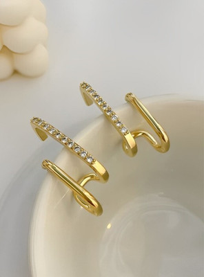 HM Creation Gold Plated Double Layer Line C Shaped Geometric Studs Earrings Brass Earring Cubic Zirconia Brass Rhinestone Studs, Stud Earring, Hoop Earring