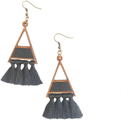Whe Black Triangle Upcycled Fabric and Repurposed Wood Earring with Tassels Wood Ear Thread