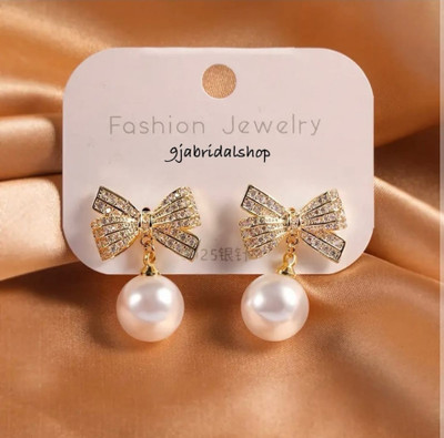 Arvora Trendy Bow & Pearl Earrings | Cute Korean Style Drop Earrings Pearl Alloy Stud Earring