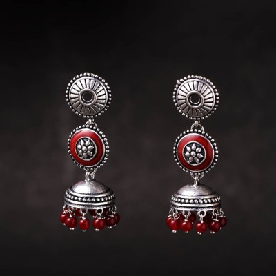 Voylla Rangabati Layered Maroon Beads Oxidised Silver Enamel Pearl Brass Jhumki Earring