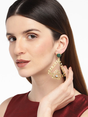 House of Pataudi Gold-Plated Green Triangular Drop Earrings Brass Drops & Danglers