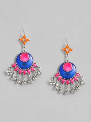 Sangria Silver-Toned Pink & Blue Geometric Enamelled Drop Earrings Beads Alloy Drops & Danglers