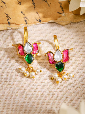 RUBANS 22K Gold-Plated Ruby, Emerald & Kundan Lotus Motif Minimal Ear Cuff-Pearl Drop Brass Cuff Earring