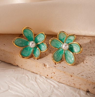 AKISON JEWELS Green Flower Stud Earrings For Women Girls Korean earring korean jewelry Floral Pearl Alloy Earring Set, Stud Earring